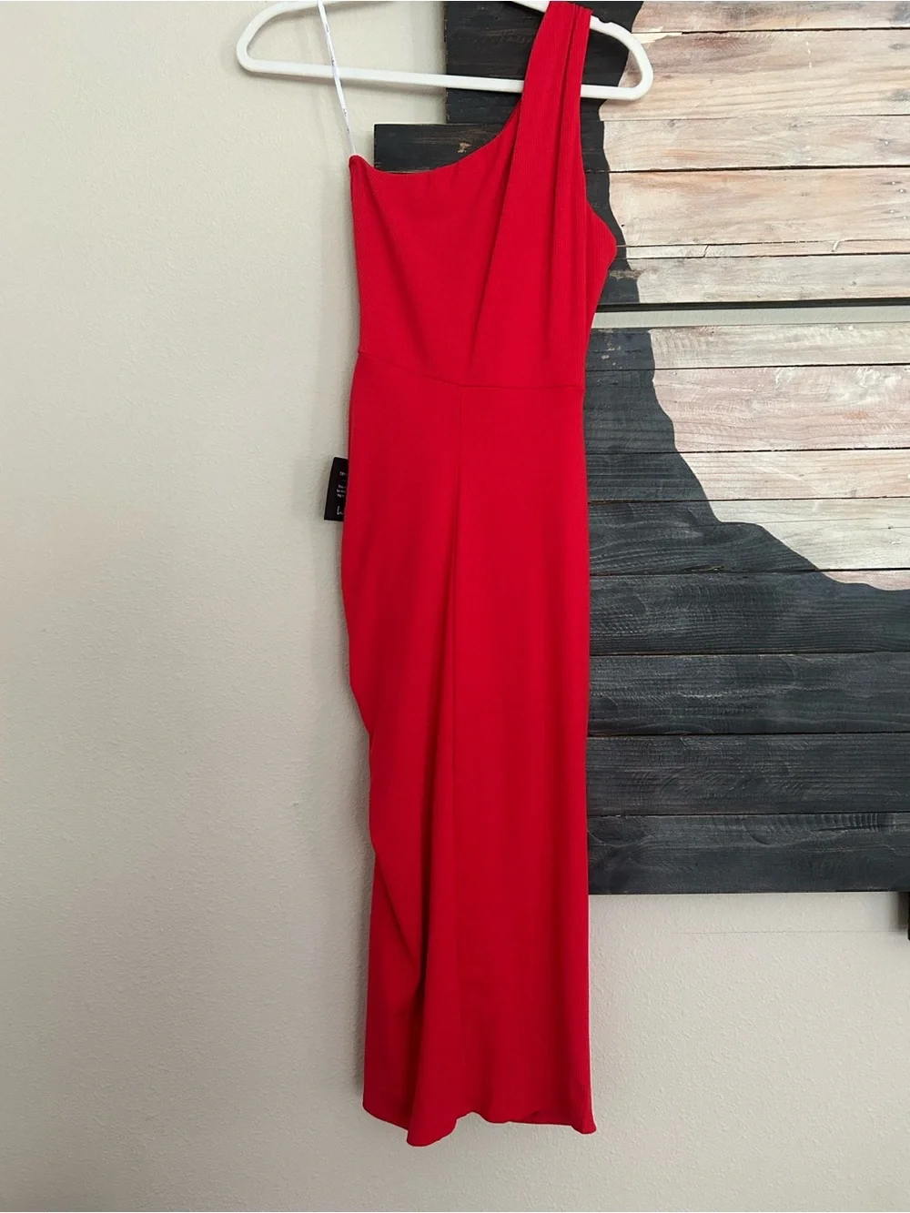 Lulus Centered on Style Red One-Shoulder Bodycon Ribbed Midi Dress Ruched Slit - Picture 12 of 13